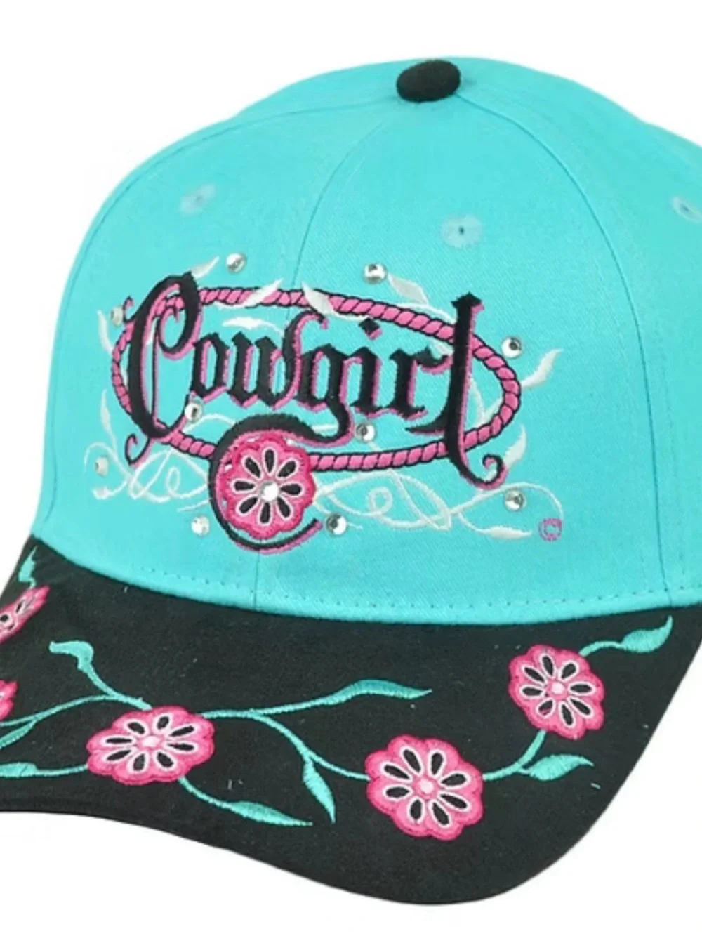 Justin Boots Pink Mesh and Denim Cap with Crystal Brim. Cowgirl Blue and Black.